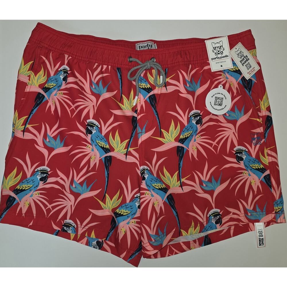NWT XXL Men's Red Parrot Theme Swim Shorts Party‎ Pants MSRP $45